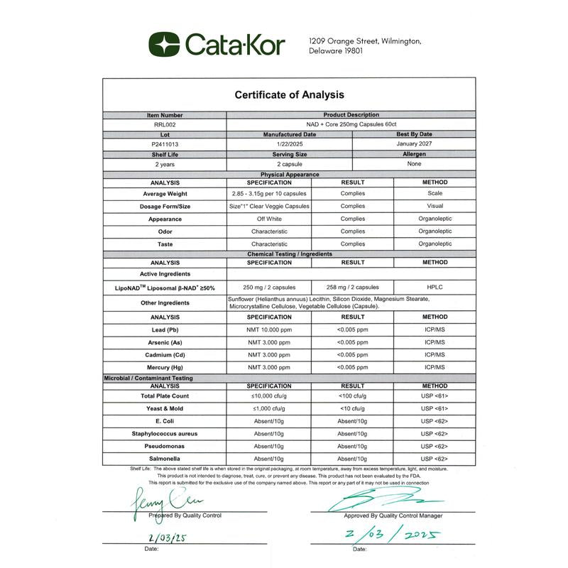 Cata-Kor 250 mg – NAD+-Nahrungsergänzungsmittel zur Unterstützung der Hautalterung, für mehr Energie und Konzentration – 60 Stück – Vitamin- & Wellness-Nahrungsergänzungsmittel, essbar