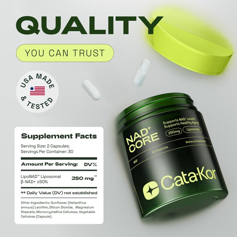 Cata-Kor 250 mg – NAD+-Nahrungsergänzungsmittel zur Unterstützung der Hautalterung, für mehr Energie und Konzentration – 60 Stück – Vitamin- & Wellness-Nahrungsergänzungsmittel, essbar