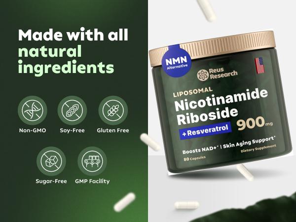 '-Reus Research NR900 – NAD+ Nahrungsergänzungsmittel zur Unterstützung der Hautalterung, für mehr Energie und Konzentration – 80 Stück – Vitamin- und Wellness-Ergänzungsmittel